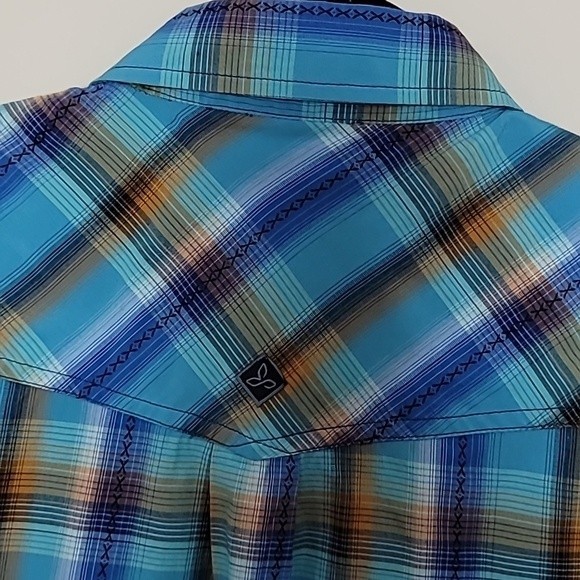 Prana snap button plaid shirt Sz M Blue Short sleeve - Picture 5 of 6